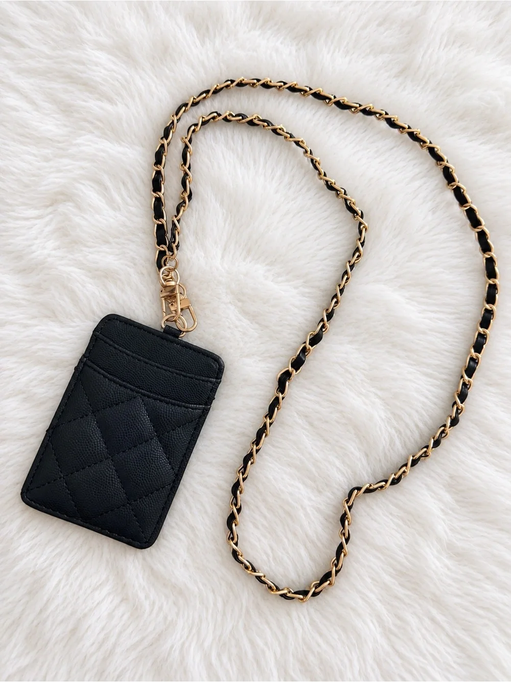 GWP CC Black Quilted Card Holder with Gold Chain Lanyard